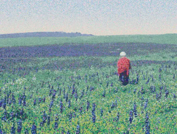 A woman in a red shawl and dark skirt stands in a spring meadow, in a field of tall blue lupines. The field recedes into soft green and violet hills under a pale cream-and-blue sky.