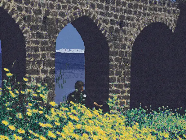 A row of dark stone arches rises above a bank of yellow daisies, their openings in deep shadow. Through the central pointed arch is a view of deep blue water, with a low snowy mountain ridge on the horizon and thin reeds standing in the water. In front of the arch, a woman with short dark hair and a dark coat reaches one hand out over the flowers.